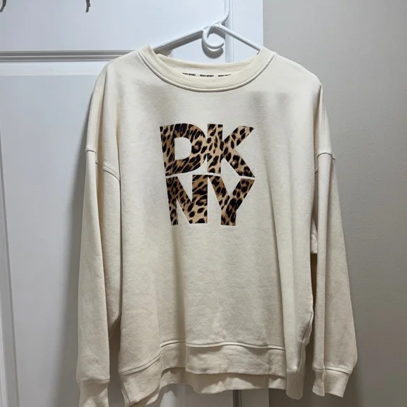 DKNY Cream Sweater with Leopard Print Logo - Picture 1 of 2